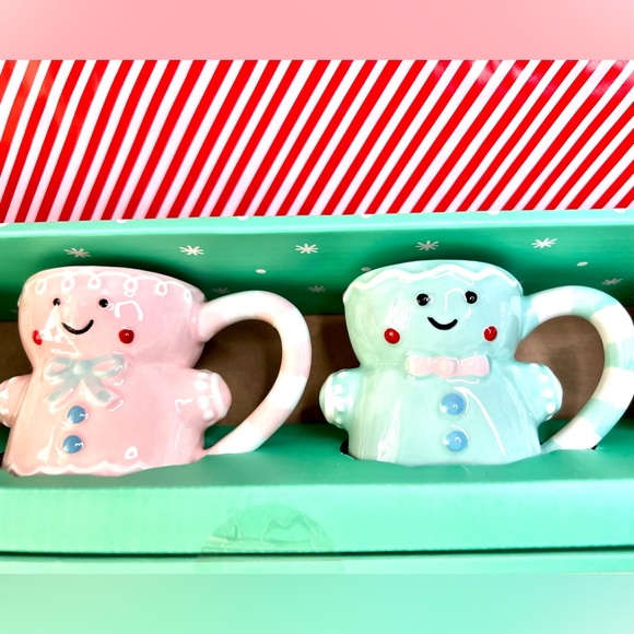 4 Christmas Ceramic Blue Pink Gingerbread Boys Girls Espresso Mugs Cups Tier - Picture 6 of 8